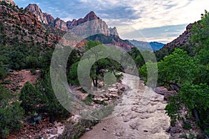 View of The Watchman rock formation along the Virgin River in UtahÃ¢â¬â¢s Zion National Park